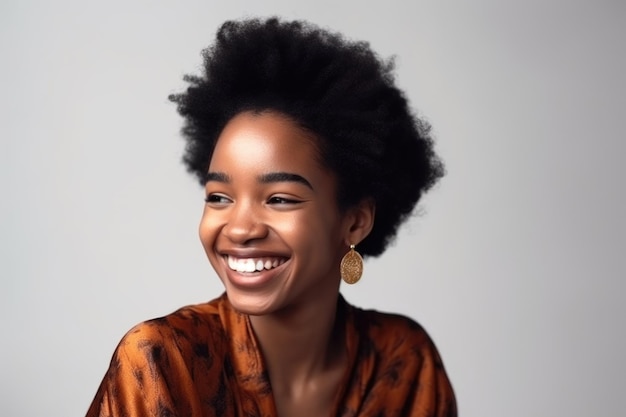 Retrato de mulher negra e sorriso para felicidade e confiança na moda contra um fundo de estúdio branco