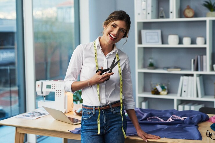 Foto retrato de mulher ou tesoura em um negócio de design de moda ou oficina com empreendedor sorriso de costureira ou fita métrica na mesa laptop ou máquina de costura com criação de boutique têxtil sustentável