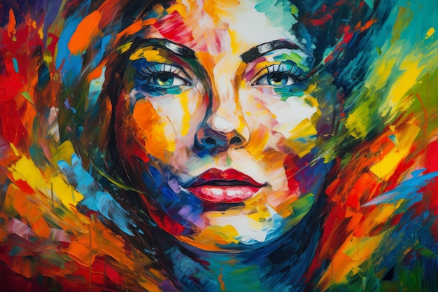 Retrato de mulher retratado em estilo expressionismo abstrato com pinceladas ousadas e cores brilhantes