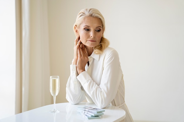 Retrato de mulher rica loira de meia-idade com taça de champanhe e notas