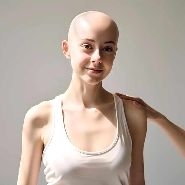 Foto retrato de mulher sem cabelo sobrevivente do câncer de mama para o dia mundial do câncer em mídias sociais