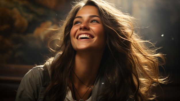 Foto retrato de mulher sorridente com cabelos encaracolados no parque