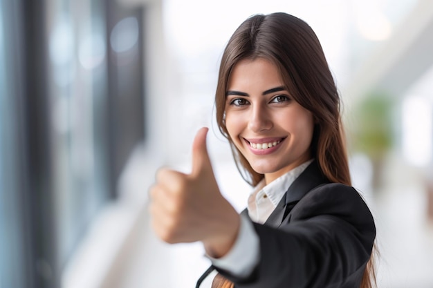 Retrato de mulher sorridente e gerente de uma empresa com o polegar para cima Boas notícias