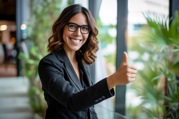 Retrato de mulher sorridente e gerente de uma empresa com o polegar para cima Boas notícias