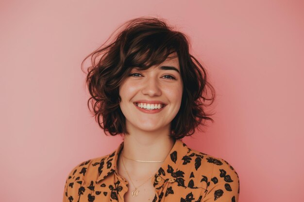 Foto retrato de mulher sorridente em fundo rosa