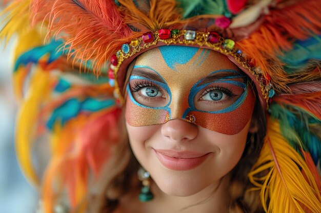 Foto retrato de mulher sorridente feliz em carnaval brilhante máscara veneziana em fundo branco