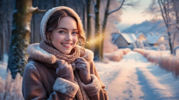 Retrato de mulher sorrindo na floresta de inverno