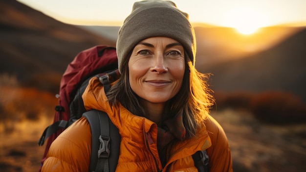 Retrato de mulher sorrindo para a câmera durante a caminhada ao pôr do sol ou nascer do sol