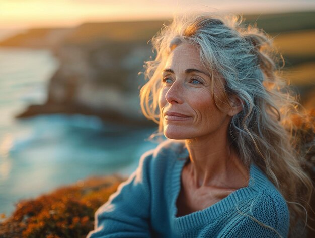 Retrato de mulher velha com fundo de praia