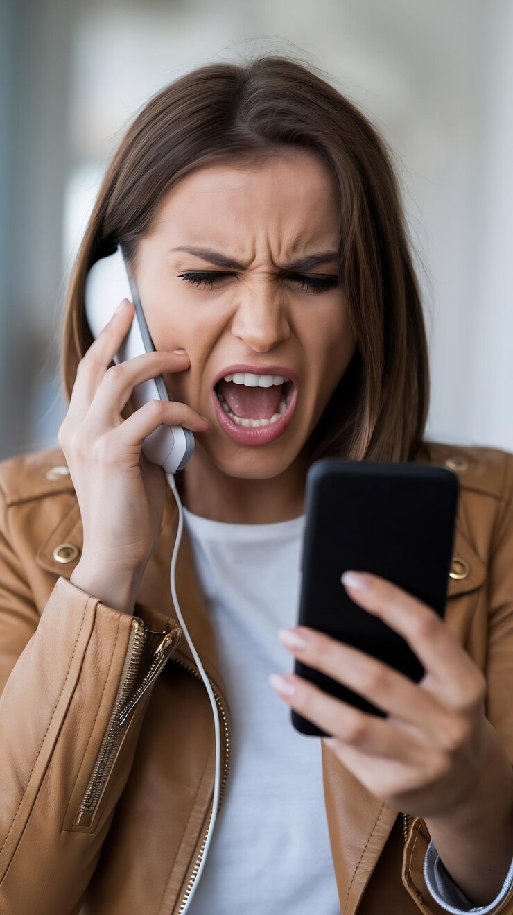 Foto retrato de mulher zangada gritando em alto-falante de smartphone gravando mensagem de voz com irritado