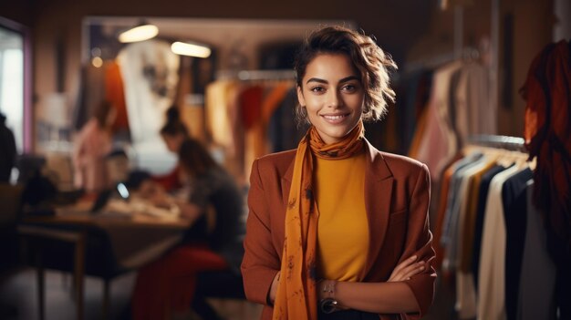 Foto retrato de mulheres atraentes, designer de moda está sorrindo enquanto está de pé no escritório