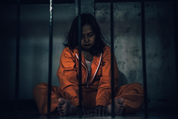 Retrato de mulheres desesperadas para pegar a prisão de ferro conceito de prisioneiro povo da tailândiaEsperança de ser livreSe violar a lei seria preso e encarcerado