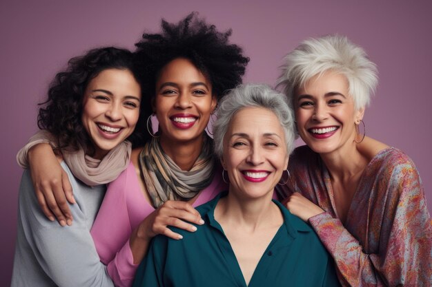 Retrato de mulheres multiétnicas de idades mistas alegres celebrando o Dia Internacional da Mulher