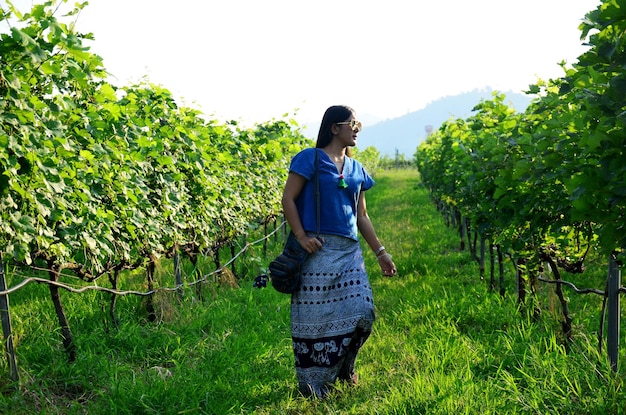 Retrato de mulheres tailandesas no jardim de uvas em Khao Yai em Nakhon Ratchasima Tailândia