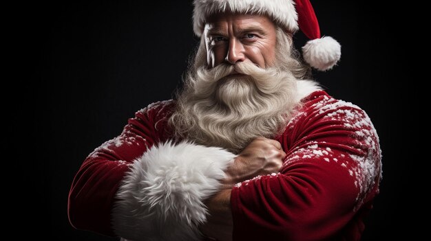 Retrato de Natal de atleta forte sexy musculoso em fantasia de Papai Noel com barba cinza posando mostrando seu abdômen isolado em fundo branco foto de alta qualidade