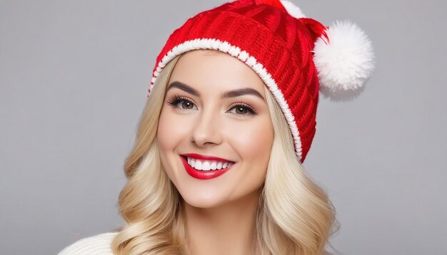 Retrato de Natal de uma bela mulher loira sorridente em um chapéu vermelho com pompones