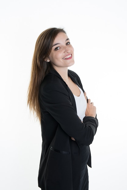 Retrato de negócios da mulher sorridente em branco