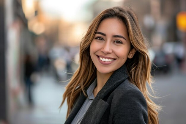 Retrato de negócios de rua e mulheres na cidade para deslocamentos freelancers e viagens urbanas felizes