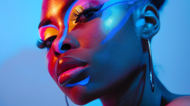 Retrato de néon brilhante de uma jovem com maquiagem brilhante