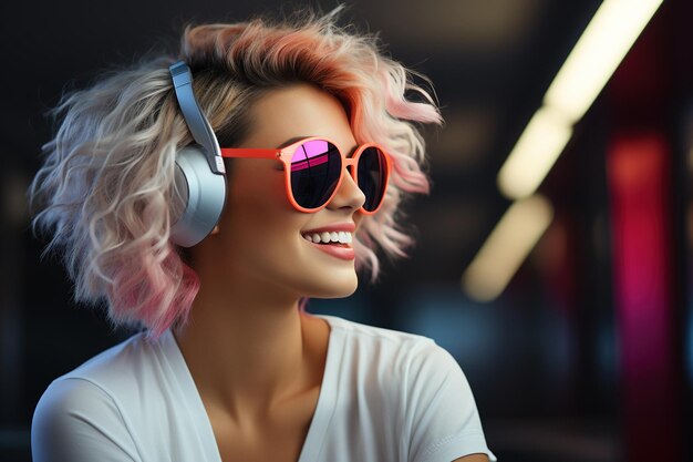 Retrato de néon de mulher sorridente com fones de ouvido, óculos de sol, camiseta branca, ouvindo música.