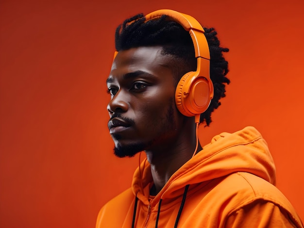 Retrato de néon de um jovem africano ouvindo música com fones de ouvido Fundo de néon laranja