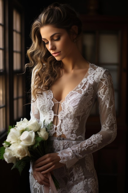 Retrato de noiva de casamento elegante, romântico e elegante Vestidos de roupa elegantes e elegantes, visual não convencional, luxo, renda apresentável, buquê de flores, vestido de noiva de nova vida