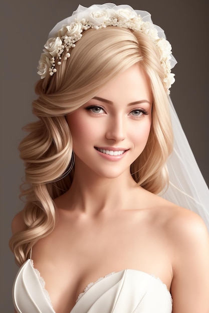 Retrato de noiva Uma linda mulher com um véu e um vestido branco olha para a câmera Generative AI