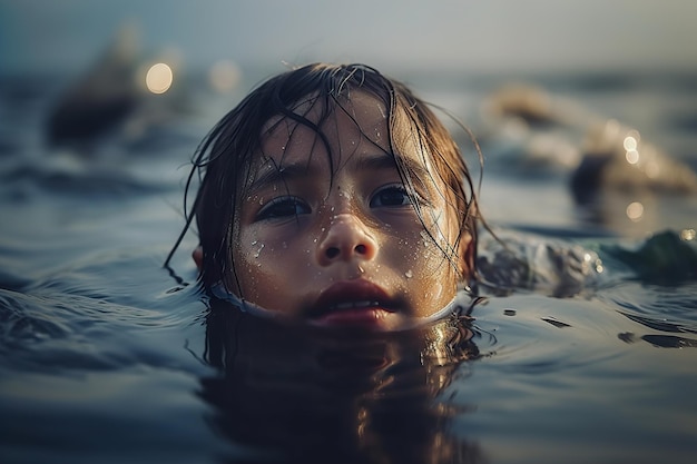 Retrato de olhos de criança triste de pé em água poluída cheia de sacos de plástico