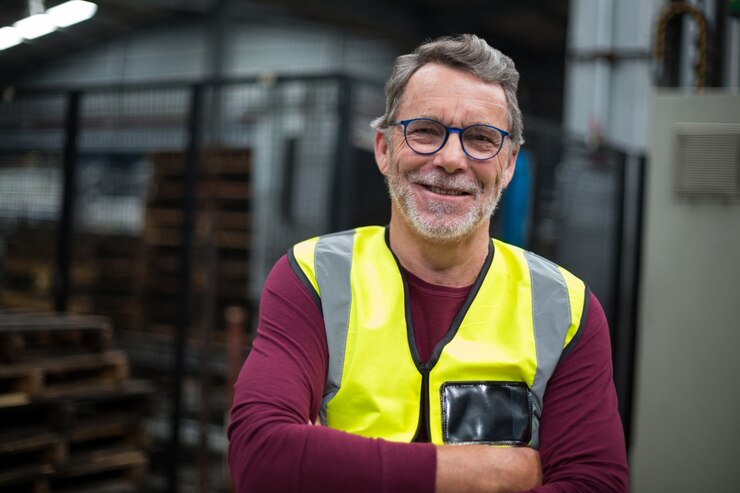 Foto retrato de operário masculino em pé com os braços cruzados