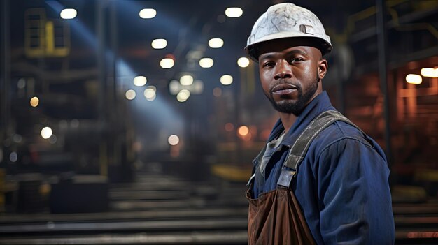 Retrato de operário siderúrgico sério e confiante de adulto afro-americano ambicioso sozinho em aço