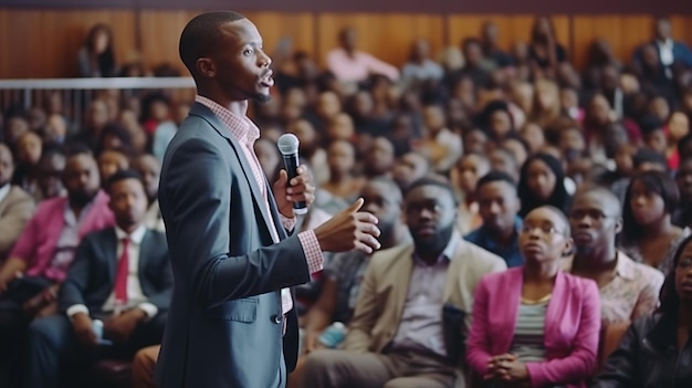 Retrato de orador público afro-americano dando palestra em evento de negócios Generative AI