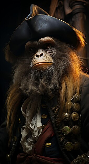 Foto retrato de orangotango pirata selva swashbuckler traje vinha embrulhado tr moda design traje arte