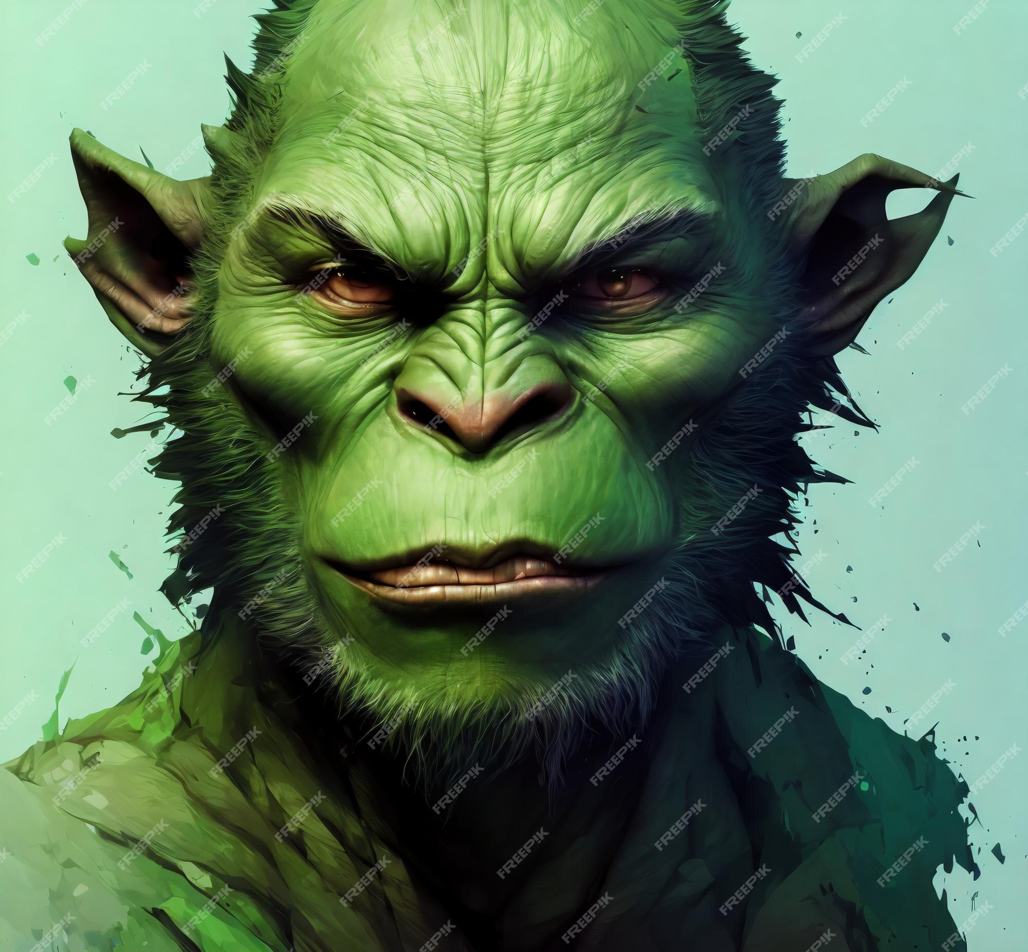 Retrato de orc verde aterrorizante criatura fantástica troll com