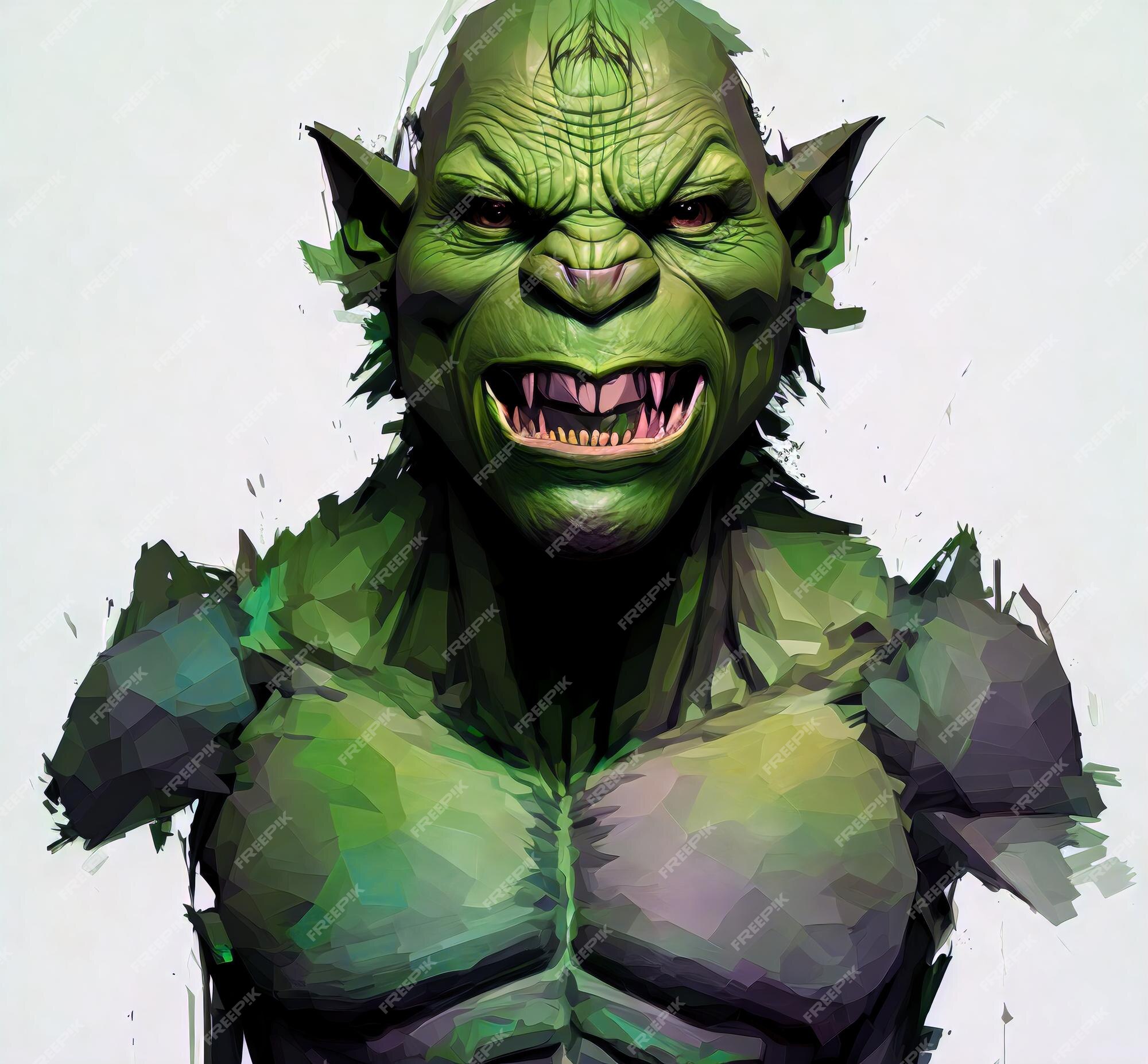 Retrato de orc verde aterrorizante criatura fantástica troll com