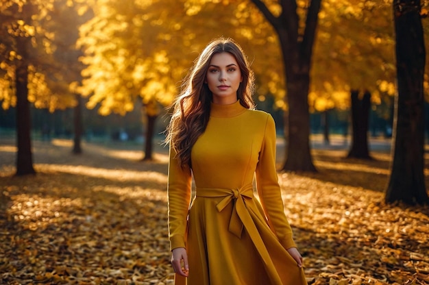 Foto retrato de outono de uma jovem de vestido amarelo no parque da estação de outono com folhas caminhando em na