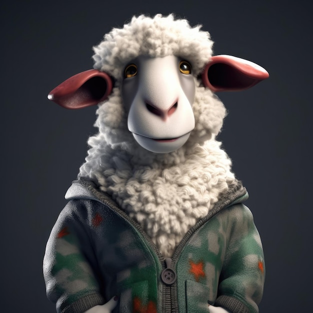 Retrato de ovelha de desenho animado 3D vestindo roupas, óculos, chapéu e jaqueta em pé na frente