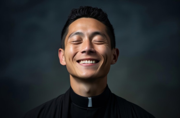 Retrato de padre asiático sorrindo de olhos fechados contra o conceito de religião de pano de fundo