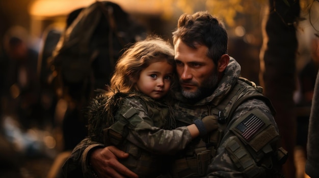 Retrato de pai e filha em roupas militares na rua