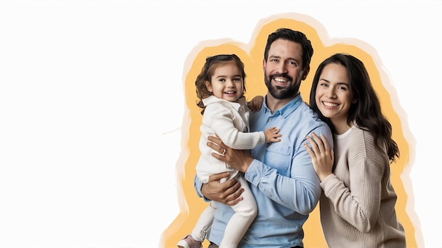 Retrato de pai e mãe de família feliz com filha em isolado branco