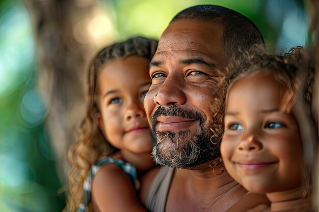 Retrato de pai latino e filhas ao ar livre em um dia de verão IA generativa