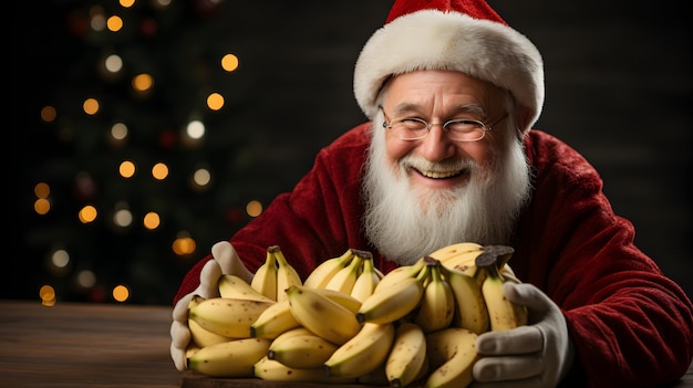 Retrato de Papai Noel com bananas no fundo de uma guirlanda de Natal