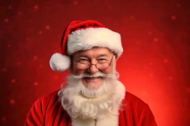 Retrato de Papai Noel com roupas e óculos vermelhos em um fundo vermelho IA generativa