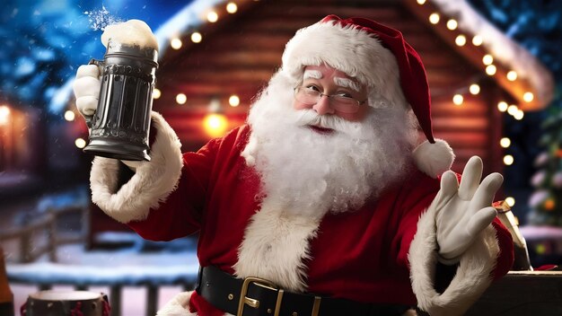 Retrato de Papai Noel em traje vermelho com uma cerveja