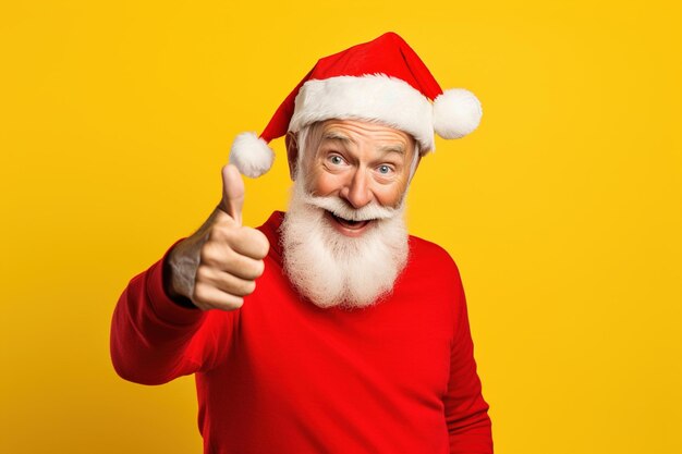 Foto retrato de papai noel mostrando os polegares para cima isolados em fundo amarelo