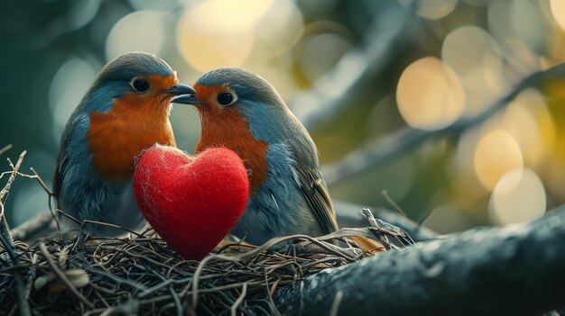 Foto retrato de pássaro de amor com um grande coração vermelho com um grande espaço de cópia ia generativa