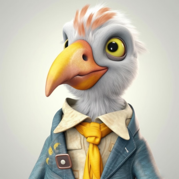 Retrato de pássaro de desenho animado 3D vestindo roupas, óculos, chapéu e jaqueta em pé na frente