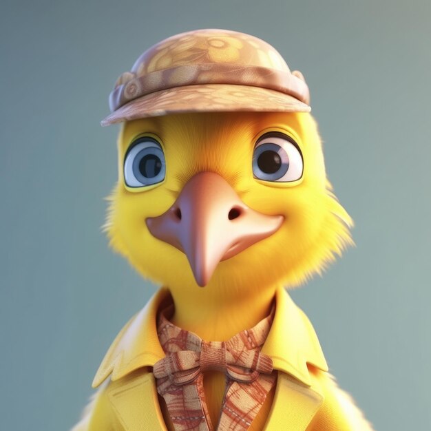Retrato de pássaro de desenho animado 3D vestindo roupas, óculos, chapéu e jaqueta em pé na frente
