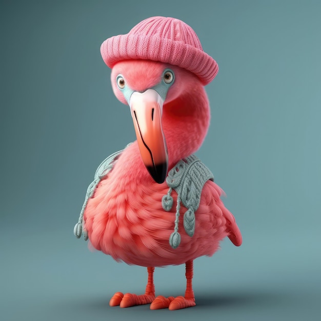 Retrato de pássaro flamingo de desenho animado 3D vestindo roupas em pé na frente luzes de estúdio generativas ai
