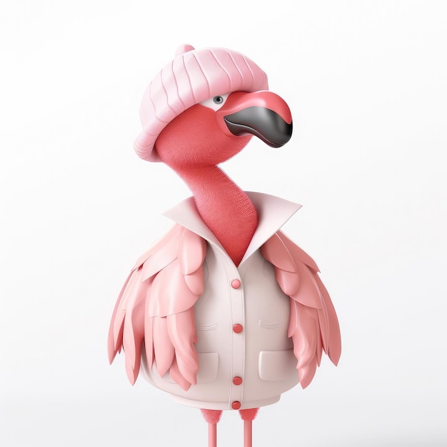 Retrato de pássaro flamingo de desenho animado 3D vestindo roupas em pé na frente luzes de estúdio generativas ai