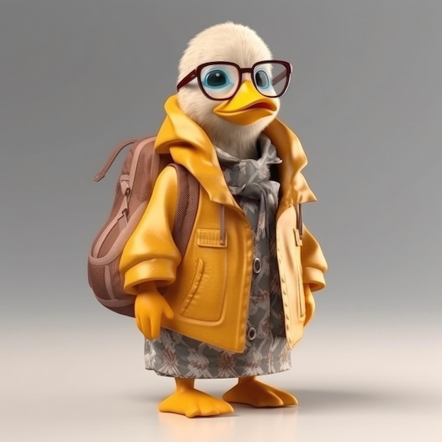 Retrato de pato de desenho animado 3D vestindo roupas óculos chapéu e jaqueta em pé na frente